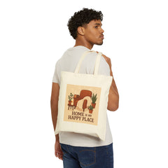 Canvas Tote Bag — "Home Is My Happy Place" Cozy Armchair & Plants Design