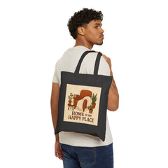 Canvas Tote Bag — "Home Is My Happy Place" Cozy Armchair & Plants Design
